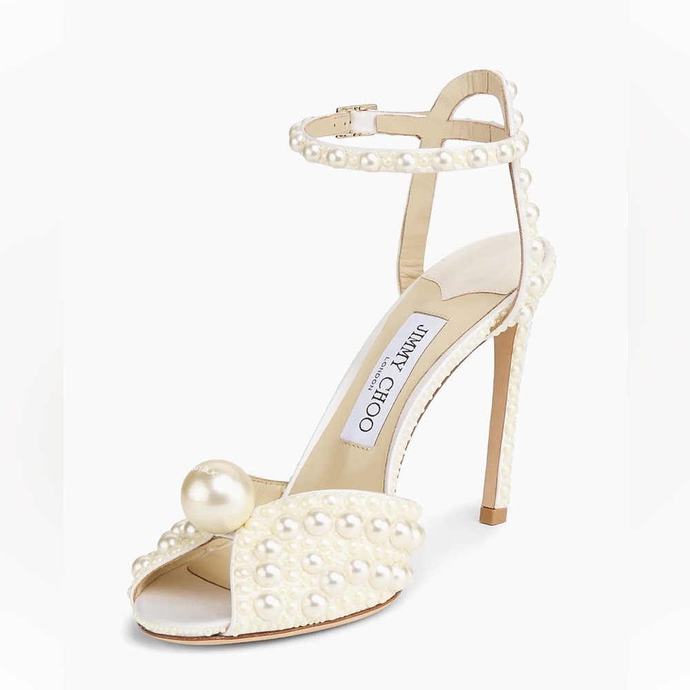 Jimmy Choo Sacora Pearl White Satin Heels